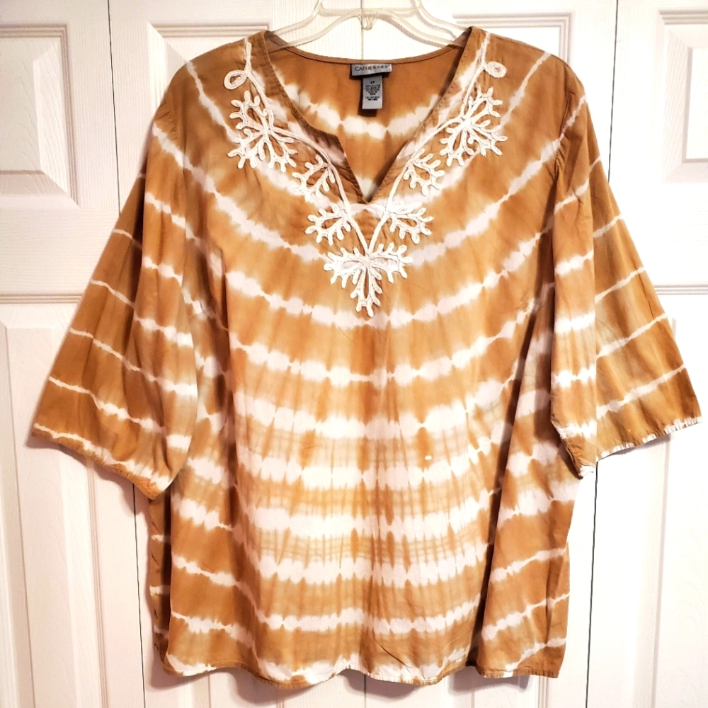 Catherines White and Beige Embroidered Tie Dye Tunic Blouse